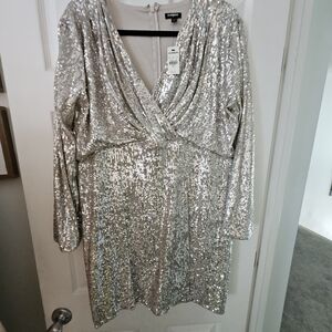 Express Silver Sequin V-Neck Dress